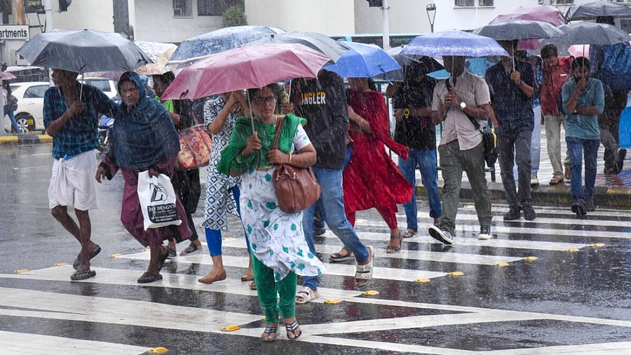 Pedestrians during monsoon rain, in Kochi. Credit: PTI File Photo