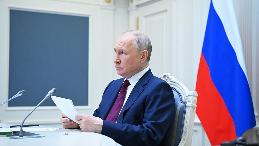 Russian President Vladimir Putin attends a summit of leaders of the Shanghai Cooperation Organisation (SCO) via a video conference call at the Kremlin in Moscow, Russia, July 4, 2023. Credit: Sputnik/Alexander Kazakov/Kremlin via Reuters