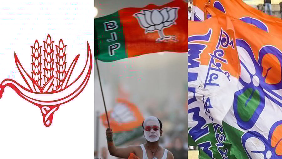 CPI, BJP, and TMC flags. Credit: Agency Photos