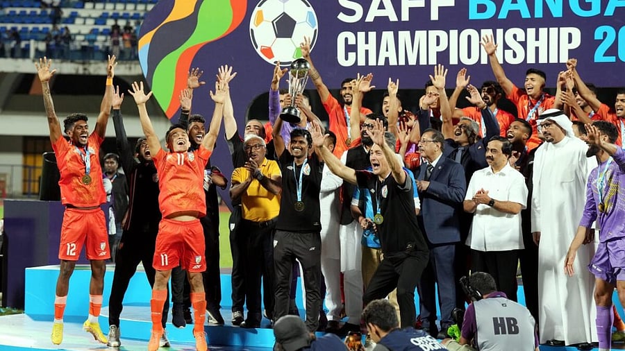 Bengaluru: Indian national football team players celebrate with the SAFF Championship 2023 trophy after winning the final football match of SAFF Championship 2023 against Kuwait at Kanteerava Stadium, in Bengaluru, Tuesday, July 4, 2023. Credit: PTI Photo