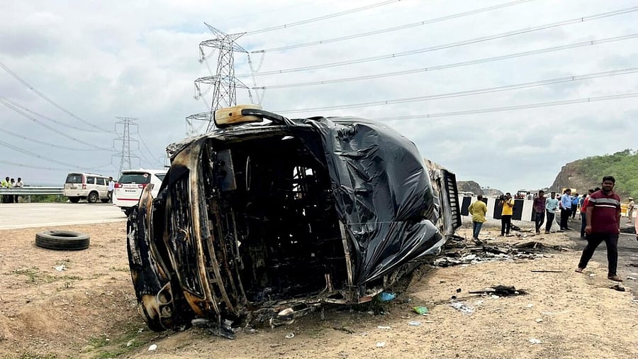 Charred remains of a bus that met with an accident and caught fire killing at least 25 passengers and injuring many others, in Buldhana district, Saturday, July 1, 2023. Credit: PTI Photo
