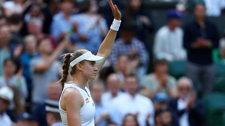 Tennis - Wimbledon - All England Lawn Tennis and Croquet Club, London, Britain - July 6, 2023 Kazakhstan’s Elena Rybakina celebrates winning her second round match against France's Alize Cornet. Credit: Reuters Photo