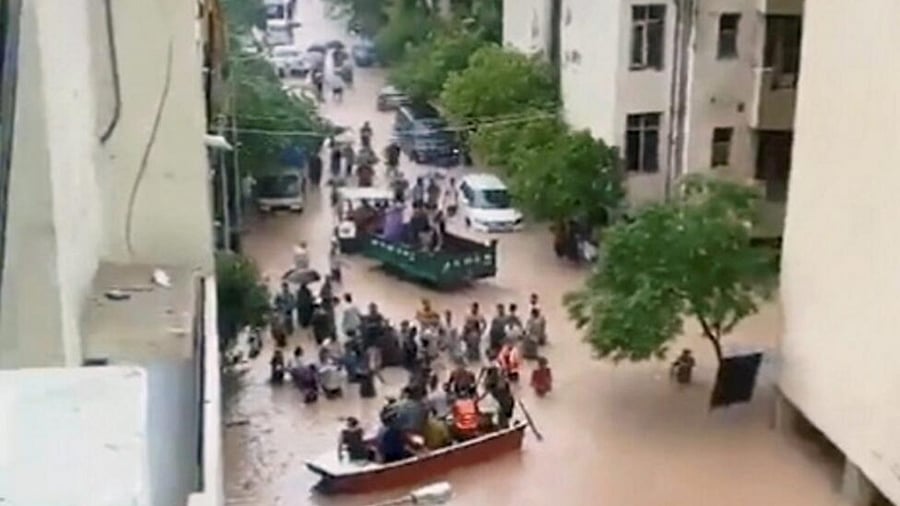  A flooded multi-storeyed residential complex after heavy monsoon rains at Derabassi, in Mohali district. Credit: PTI Photo