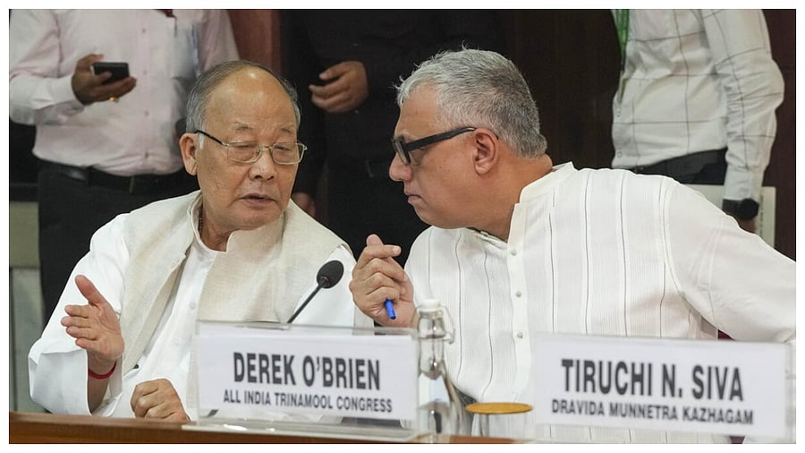 Former Manipur chief minister Okram Ibobi Singh and TMC MP Derek O'Brien during an all-party meeting on violence in Manipur, in New Delhi, Saturday, June 24, 2023. Credit: PTI Photo