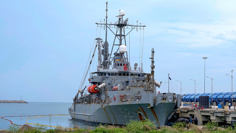 The USNS Salvor, docked at Larsen and Toubro Shipyard for voyage repairs, at Kaatupalli Port in Chennai, Monday, July 10, 2023. Credit: PTI Photo
