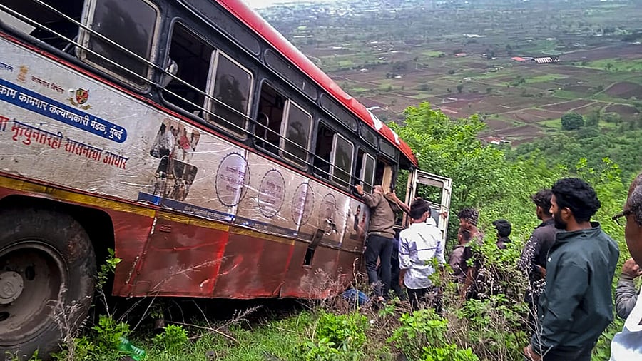 The MSRTC bus that fell into the Nashik gorge. Credit: PTI Photo