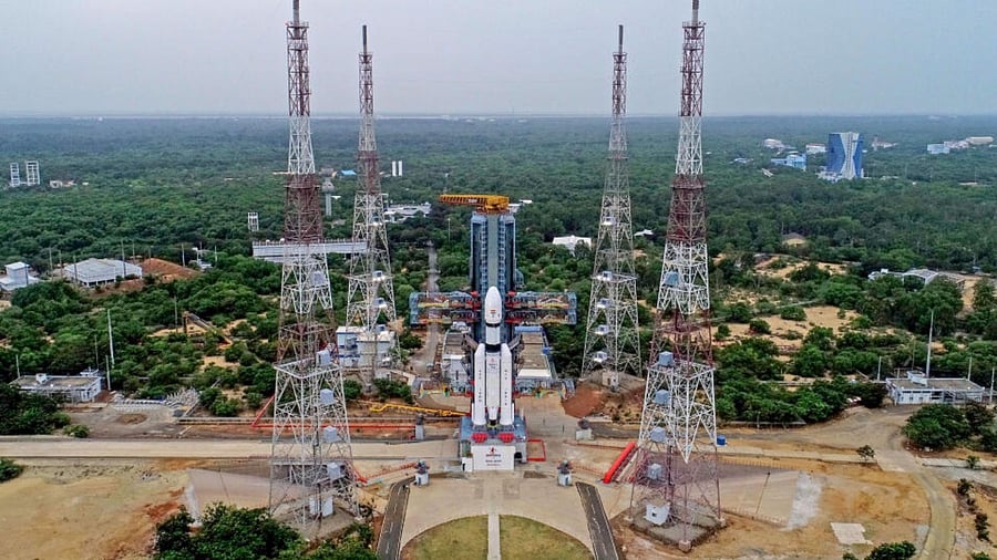 The Launch Vehicle Mark-III (LVM3) M4 vehicle with Chandrayaan-3 at the launch pad at Satish Dhawan Space Centre after the conclusion of a simulation of the entire launch preparation and process, in Sriharikota. Credit: PTI Photo
