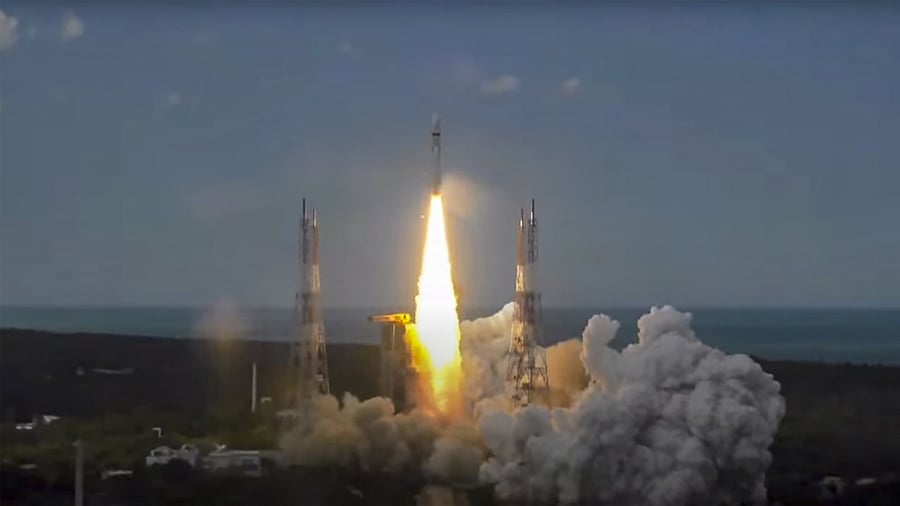 ISRO's Launch Vehicle Mark-III (LVM3) M4 rocket carrying 'Chandrayaan-3' lifts off from the launch pad at Satish Dhawan Space Centre, in Sriharikota. Credit: PTI Photo