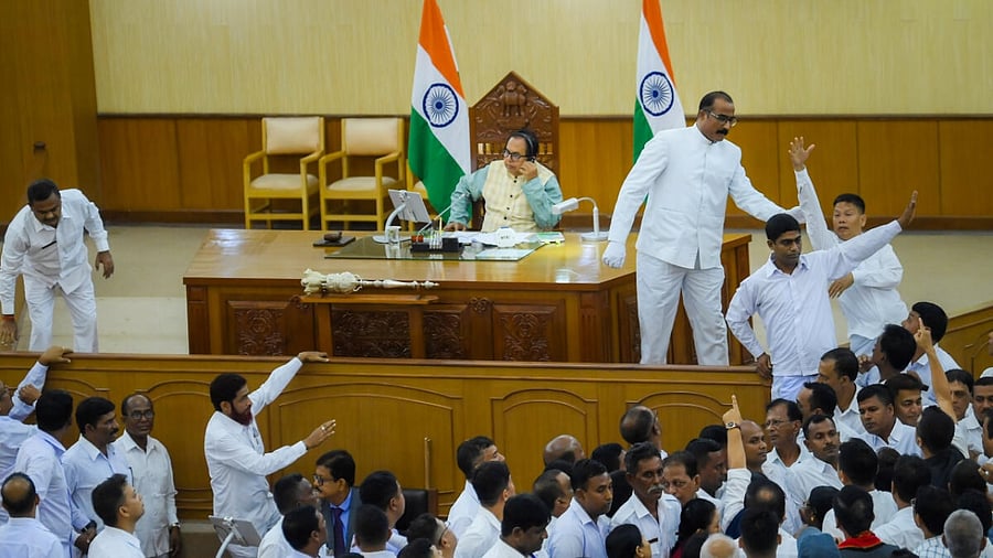 Tripura Assembly Speaker Biswabandh Sen in the house as MLAs protest on the first day of the Budget Session, in Agartala, July 7, 2023. Five MLAs have been suspended from the Assembly for 'disrupting' House proceedings, following which opposition parties staged a walkout. Credit: PTI File Photo