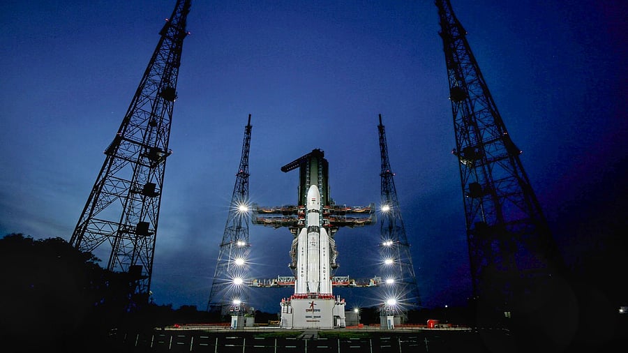 The Launch Vehicle Mark-III (LVM3) M4 vehicle with Chandrayaan-3 at the launch pad at Satish Dhawan Space Centre. Credit: PTI Photo