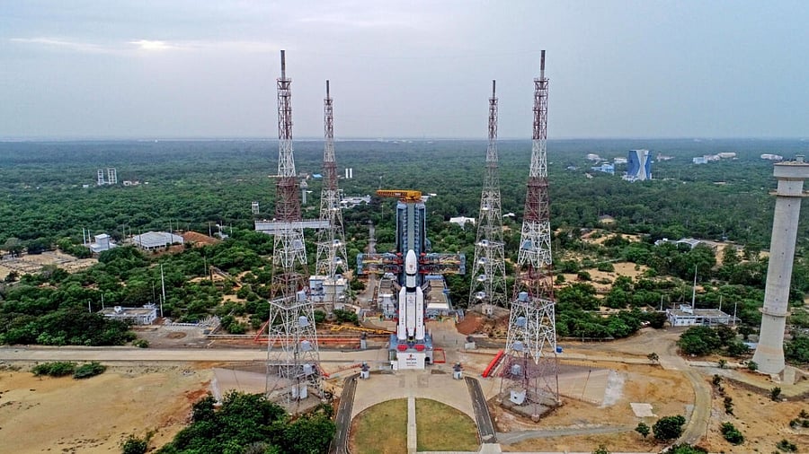 The Launch Vehicle Mark-III (LVM3) M4 vehicle with Chandrayaan-3 at the launch pad at Satish Dhawan Space Centre after the conclusion of a simulation of the entire launch preparation and process, in Sriharikota. Credit: PTI Photo