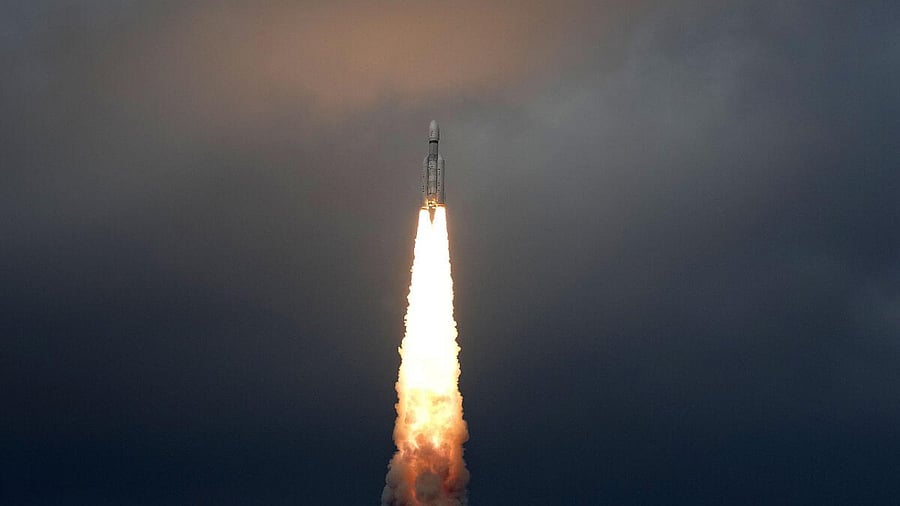 ISRO's Launch Vehicle Mark-III (LVM3) M4 rocket carrying 'Chandrayaan-3' lifts off from the launch pad at Satish Dhawan Space Centre, in Sriharikota, Friday, July 14, 2023. Credit: PTI Photo