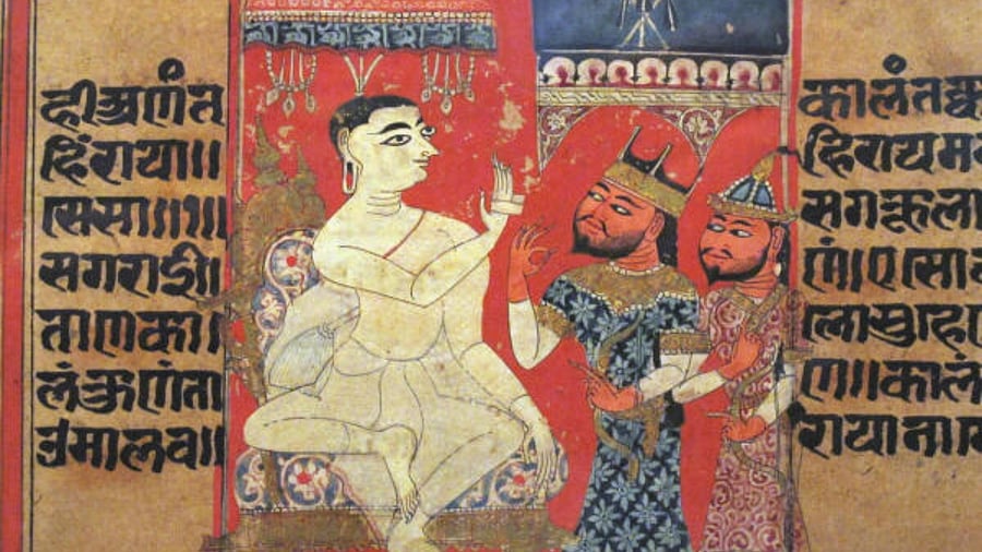 Captive Gardabhilla presented before Kalakacharya, folio from Kalpasutra and Kalakacharya Katha, c 1375. (Pic courtesy: Chhatrapati Shivaji Maharaj Vastu Sangrahalaya, Wikimedia Commons)