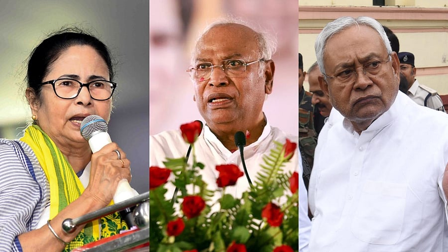 (From L-R) TMC supremo Mamata Banerjee, Congress president Mallikarjun Kharge and Bihar Chief Minister Nitish Kumar. Credit: Agency Photos