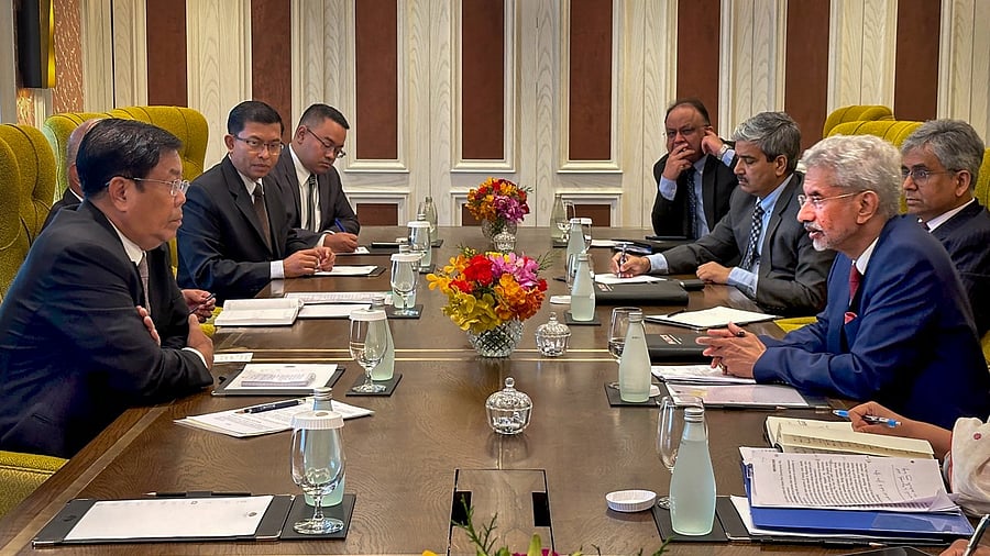  External Affairs Minister S Jaishankar with Myanmar counterpart Than Swe during a meeting on the sidelines of the Mekong Ganga Cooperation (MGC) meeting, in Bangkok. Credit: PTI Photo