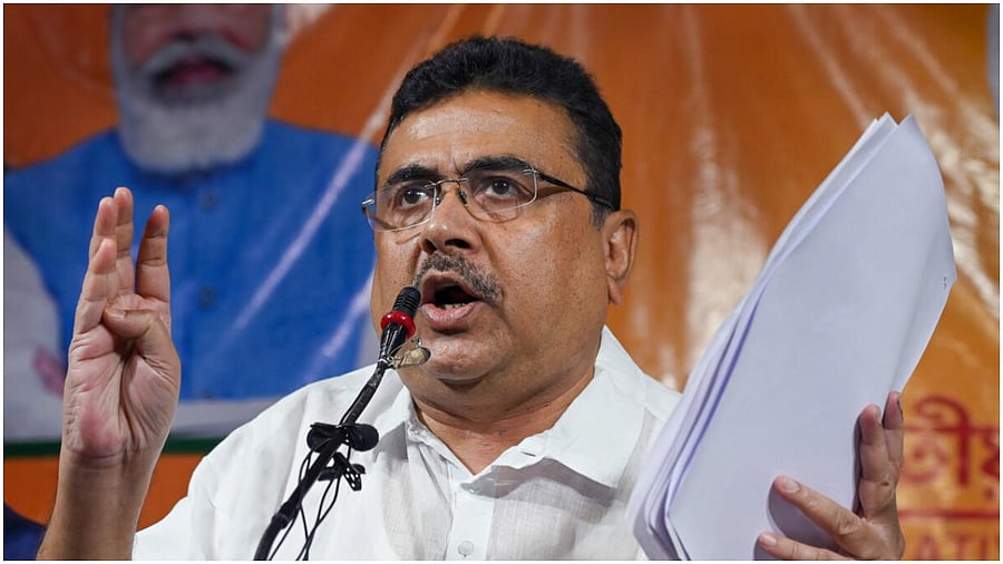 Leader of Opposition in West Bengal Assembly and BJP leader Suvendu Adhikari addresses a press conference following violence in WB panchayat polls, at BJP headquarters in Kolkata, Monday, July 10, 2023. Credit: PTI Photo