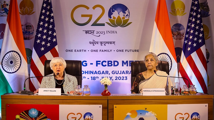 Union Finance Minister Nirmala Sitharaman during a meeting with United States Treasury Secretary Janet Yellen on the sidelines of the 3rd G20 Finance Ministers and Central Bank Governors meeting, in Gandhinagar, Monday, July 17, 2023. Credit: PTI Photo