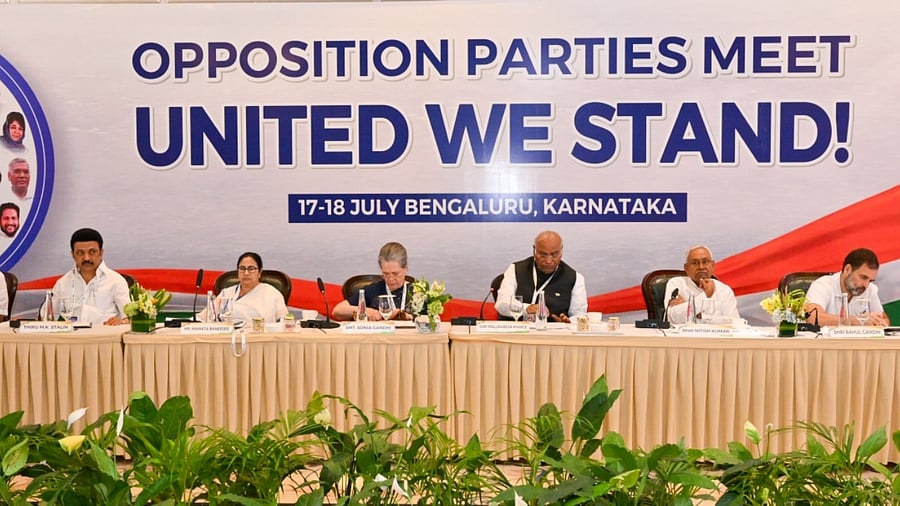 Various party’s opposition leaders who came to the AICC Opposition Parties Meeting, 'United We Stand Summit', are seen at the Dinner meeting, at Taj West End, in Bengaluru. Credit: KPCC