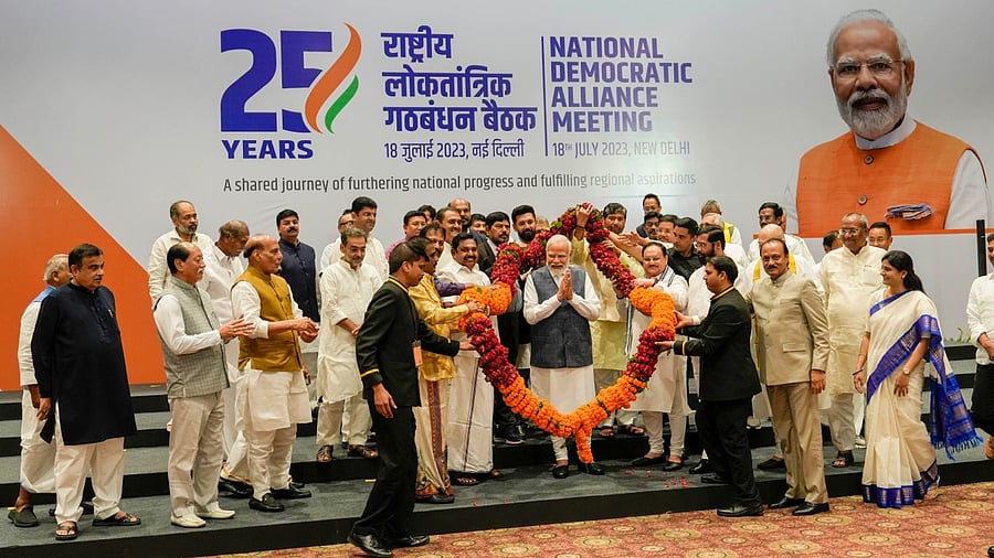Prime Minister Narendra Modi with NDA leaders during the coalition's meet in New Delhi, July 18, 2023. Credit: PTI Photo
