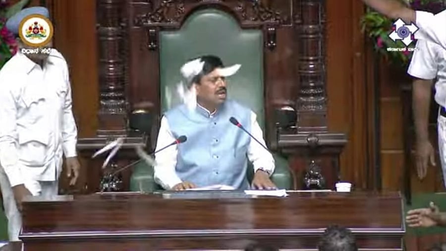 BJP MLAs were already in the well of the House on a protest when things went out of control. Credit: Screengrab/ NIC webcast