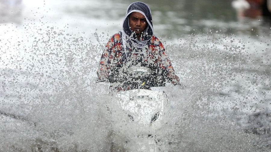 <div class="paragraphs"><p>A person rides a scooter through a waterlogged road during heavy rainfall. Image for representation.</p></div>