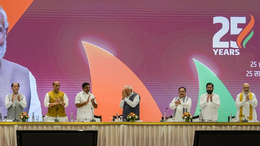 Prime Minister Narendra Modi with BJP President J P Nadda, Union Ministers Rajnath Singh, Amit Shah, AIADMK General Secretary Edapaddi K Palaniswami, Shiv Sena (Shinde) chief Eknath Shinde and Nagaland Chief Minister Neiphiu Rio at the meeting of the National Democratic Alliance (NDA) ahead of the next year's Lok Sabha polls, in New Delhi, Tuesday, July 18, 2023. Credit PTI Photo