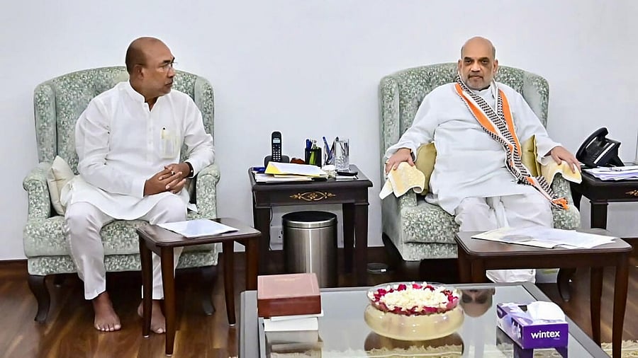 Union Home Minister Amit Shah during a meeting with Manipur Chief Minister N. Biren Singh