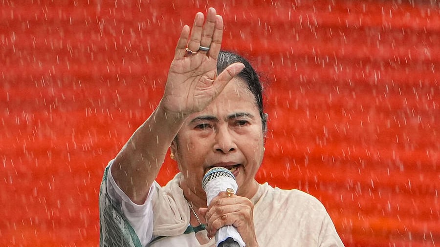 West Bengal Chief Minister and TMC supremo Mamata Banerjee addresses the party's Martyrs' Day rally, in Kolkata, Friday, July 21, 2023. Credit: PTI Photo