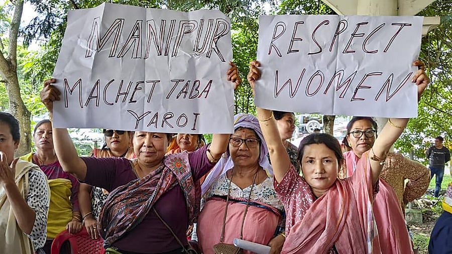 Women stage a protest over sexual violence against females in Manipur, in Imphal, Friday, July 21, 2023. Credit: PTI Photo