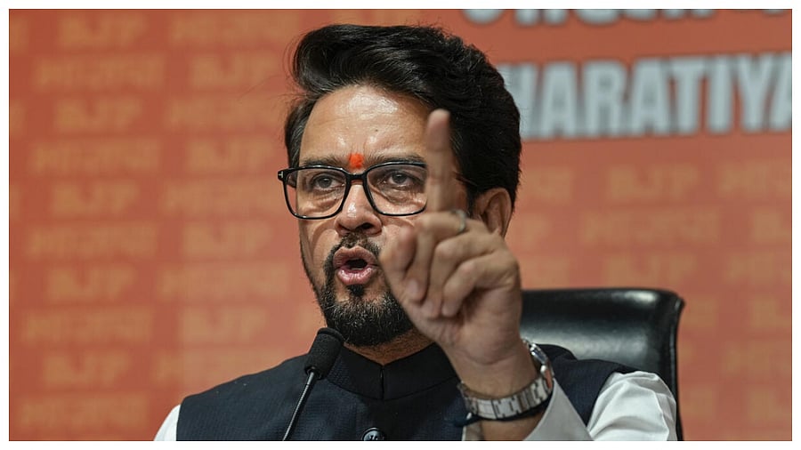 Union Minister Anurag Thakur addresses a press conference at BJP headquarters, in New Delhi, Saturday, July 22, 2023. Credit: PTI Photo