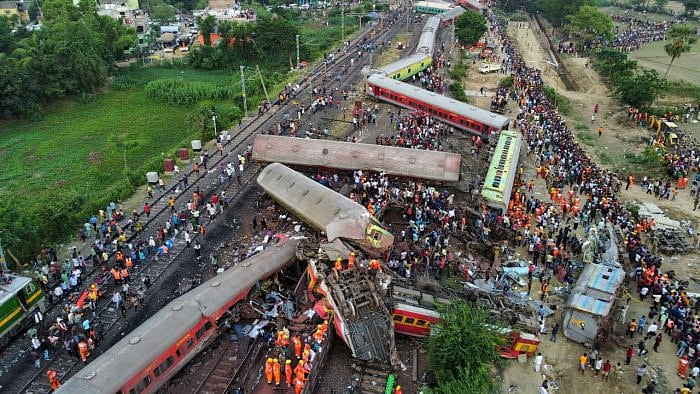A drone view shows derailed coaches after trains collided in Balasore. Credit: Reuters Photo