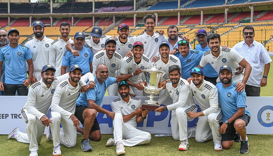 South Zone celebrate after winning the Duleep Trophy following their 75-run win in the final against West Zone at the M Chinnaswamy Stadium in Bengaluru on Sunday. DH Photo/ SK Dinesh
