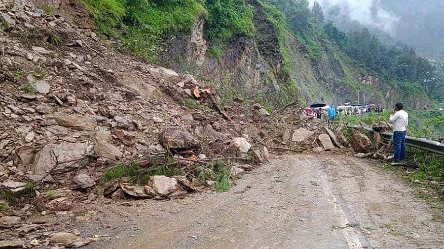 Rubble blocks a highway after heavy monsoon rains, near Chandrapuri in Rudraprayag district, Saturday, July 22, 2023. Credit: PTI Photo