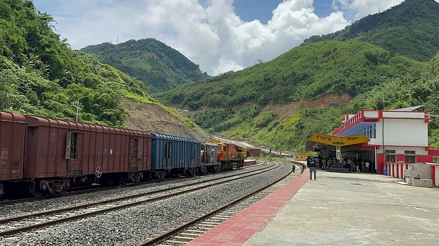 The inaugural goods train at Khongsang Railway Station. Credit: Twitter/@NBirenSingh