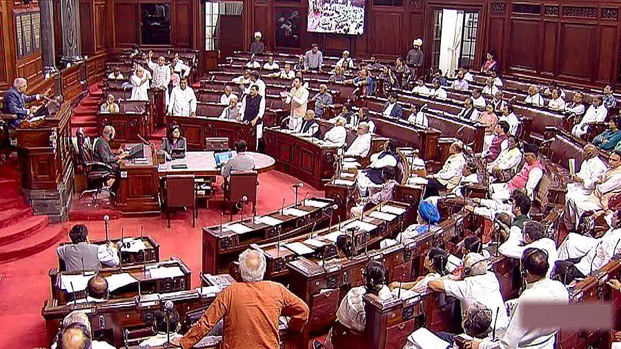 Opposition MPs protest over Manipur violence issue in the Rajya Sabha during the Monsoon session of Parliament, in New Delhi, Friday, July 21, 2023. Credit: PTI Photo