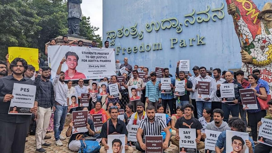 Parents and students during the protest at Freedom Park on Sunday. Credit: DH Photo/S K Dinesh