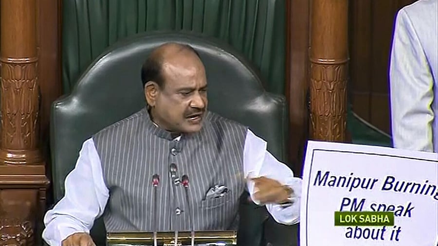 Lok Sabha Speaker Om Birla conducts proceedings in the House during the Monsoon session of Parliament. Credit: PTI Photo