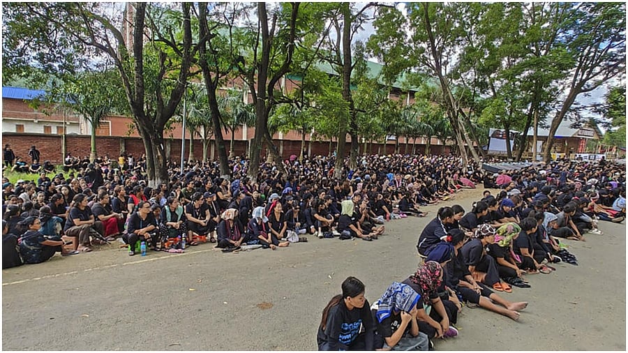Churachandpur: Women from the Zo-Kuki community stage a protest demanding separate administration for Tribals of Manipur, in Churachandpur, Tuesday, July 25, 2023. Credit: PTI Photo