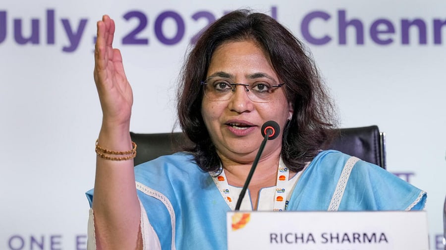Additional Secretary, Ministry of Environment, Forest & Climate Change, Richa Sharma addresses a press conference ahead of the 4th G20 Environment and Climate Sustainability Working Group (ECSWG) meeting, in Chennai. Credit: PTI Photo