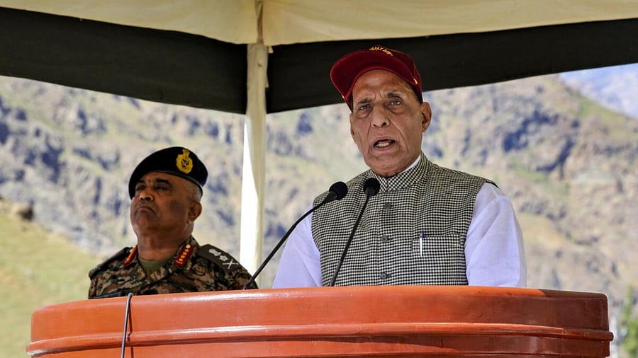 Defence Minister Rajnath Singh addresses a gathering during an event on the occasion of Kargil Vijay Diwas, in Drass, Ladakh. Credit: PTI Photo