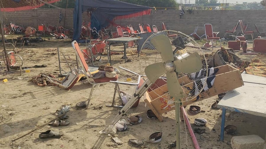 A general view of damaged property, following an explosion by a suicide bomber in Bajaur, Pakistan July 31, 2023 in this screen grab taken from a social media video. Credit: Bilal Yasir/via Reuters Photo
