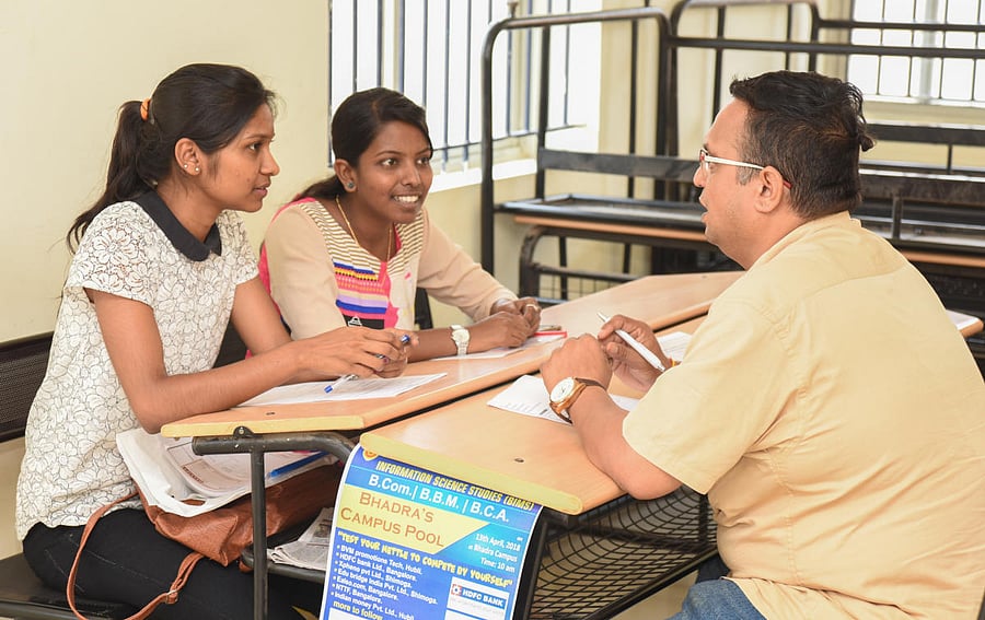 Students participate in the interview process for various companies at a college in Davangere. Photo by Anup R Thippeswamy