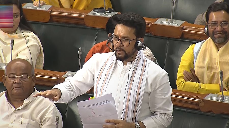 Union minister for I&B Anurag Thakur during the session of the Lok Sabha, Monday, July 31, 2023. Credit: PTI Photo