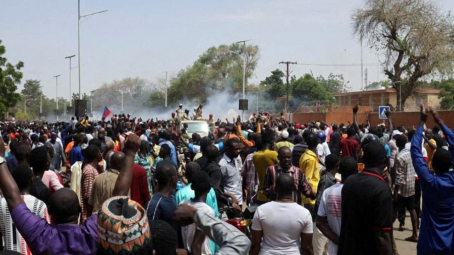 Nigerien security forces launch tear gas to disperse pro-junta demonstrators gathered outside the French embassy, in Niamey, the capital city of Niger July 30, 2023. Credit: Reuters Photo