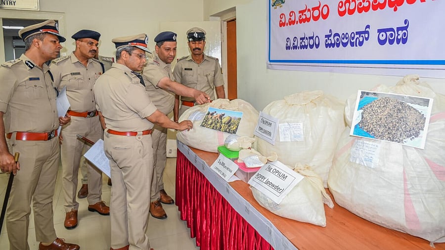 Bengaluru City Police Commissioner B Dayananda inspects the seized contraband on Monday. Credit: DH Photo/S K Dinesh