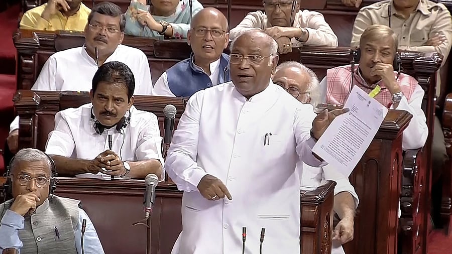 Leader of Opposition in the Rajya Sabha Mallikarjun Kharge speaks in the House during the Monsoon session of Parliament, in New Delhi, Tuesday, Aug. 1, 2023. Credit: PTI Photo