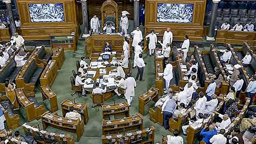 BJP MP Kirit Premjibhai Solanki presides over the Lok Sabha during the Monsoon session of Parliament. Credit: PTI Photo