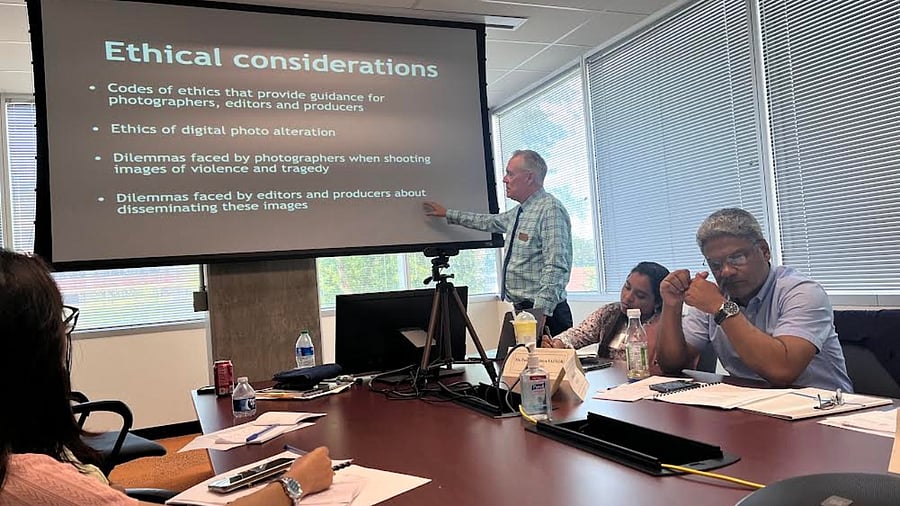 Dr William B Silcock, a leading innovator in journalism education, interacting with the media delegation from India, Bangladesh, Nepal, and Sri Lanka at the Walter Cronkite Journalism School in Phoenix, US. Credit: DH photo/ETB Sivapriyan