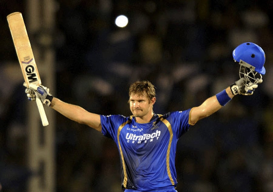 :Rajasthan Royals batsman Shane Watson celebrates his century during the IPL match against Kolkata Knight Riders in Mumbai on Saturday. PTI Photo