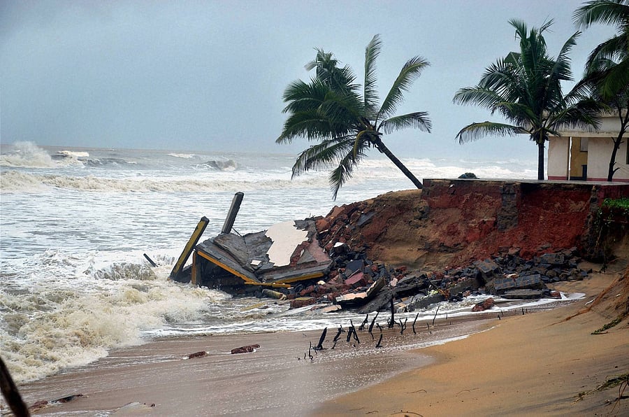 Erosion intensified at sea-shore at Ullala near Mangaluru on Thursday following rains. PTI Photo